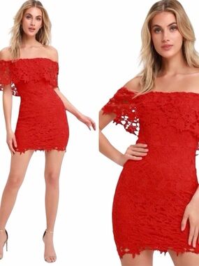 Lulu's Red Off-Shoulder Lace Mini Dress Sz M